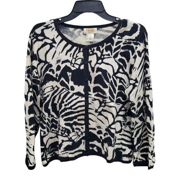 Talbots Petites Vintage White Black Abstract Full‎ Button Front LS Cardigan Sz M - Picture 1 of 5